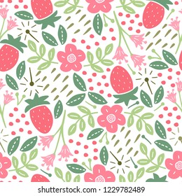 Baby seamless pattern with strawberry and pink flowers. Kids background. Children design