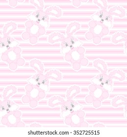 Baby seamless pattern of the stripes and funny bunnies in pink. For a girl. Vector eps 8.