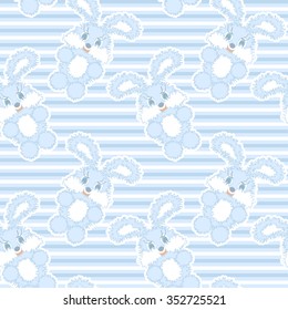 Baby seamless pattern of the stripes and funny bunnies in blue. For a boy. Vector eps 8.