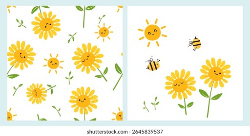 Baby seamless pattern with sunflower cartoons, sun and sunflower sprouts on white background. Sunflower, bee and sun cartoon icon set vector. 