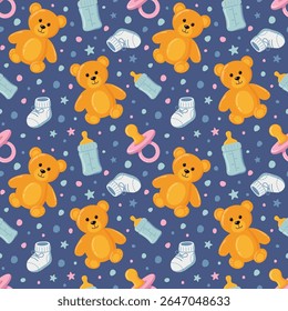 Baby seamless pattern. Teddy bear and baby items pattern. Baby items doodle. Hand drawing style