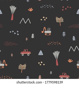 Baby seamless pattern with toy cars, trees and mountains. Creative childish texture for fabric, wrapping, textile, wallpaper, apparel. Vector illustration. dark background.