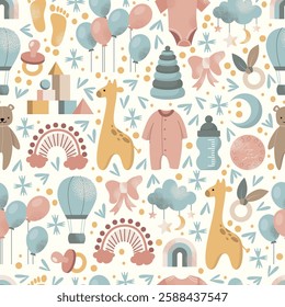 Baby seamless pattern of toys, balloons, baby clothes, footprints, pacifier, teddy bear, giraffe, stacking rings, baby bottle in pastel colors. Flat vector illustration isolated on background