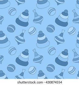 Baby seamless pattern with toys in blue for a boy. Vector eps10.