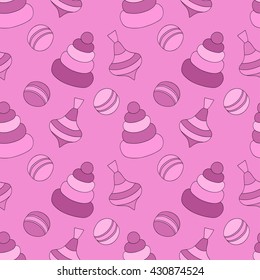 Baby seamless pattern with toys in pink for a girl. Vector eps10.