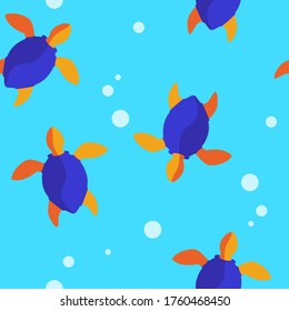 baby seamless pattern with tropical bright multi-colored turtles and bubbles. cartoon flat design. Marine theme. for packaging, paper, fabric. print for clothes