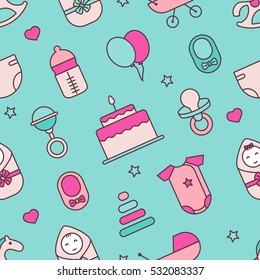 Baby. Seamless pattern.  Vector flat line illustrations