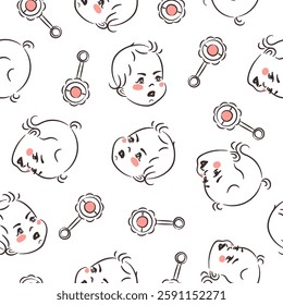 Baby seamless pattern. Vector print with doodle babies faces and rattles