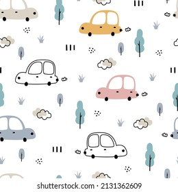 Baby seamless pattern vehicle cartoon background with cars and trees Used for print, decoration, fabrics, textiles