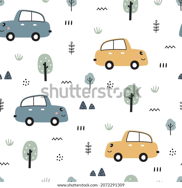Baby\
seamless pattern Vehicle cartoon background with cars and trees\
Hand drawn design in children style. Used for print, wallpaper\
decoration, fabrics, textiles. vector\
illustration