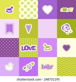 Baby seamless pattern. Violet and green colors. Patchwork design.