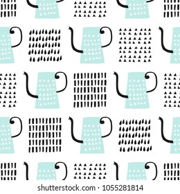 Bebê padrão sem costura com lata de água e traços de diferentes formas em estilo escandinavo. Perfeito para tecidos infantis, têxteis, papel de parede do berçário. Ilustração de vetor.