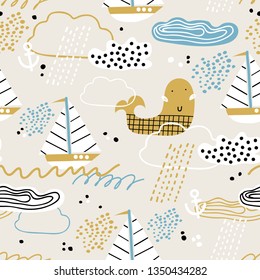 Baby seamless pattern with whale, boat, clouds and waves. Scandinavian style. Summer marina background. Perfect for fabric, textile. Vector background.