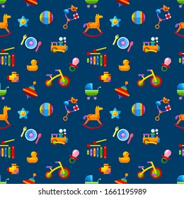 Baby Seamless Pattern.Included the Vector icons as Train, Bike, Ball, Whirligig and Pram. Flat vector illustration.