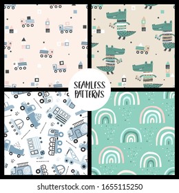 Baby seamless patterns with alligator, toy cars, toy buildings and abstract rainbows. Good for kids fabric, textile, nursery wallpaper. Scandinavian style