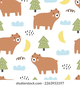 Baby seamless patterns bear and christmas tree Cute hand drawn animal background in childish style