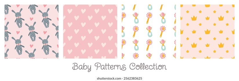 Baby seamless patterns collection. Isolated vector tiles for girls. Includes swatches. Prints with crown, hearts, rabbit and rattles for textiles, fabric designs, wallpapers, decorative projects.