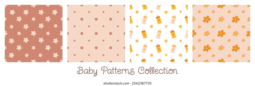 Baby seamless patterns collection. Isolated vector tiles for boys and girls. Includes swatches. Prints with stars, dots, pacifier, flowers for textiles, fabric designs, wallpapers, decorative projects