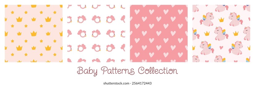 Baby seamless patterns collection. Isolated vector tiles for girls. Includes swatches. Prints with crown, hearts, unicorns and rattles for textiles, fabric designs, wallpapers, decorative projects.