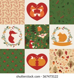 Baby seamless patterns and illustrations. Set of cute children's textiles and elements in green, orange, red and white colors. Vector collection with hand drawn forest animals, flowers and plants.
