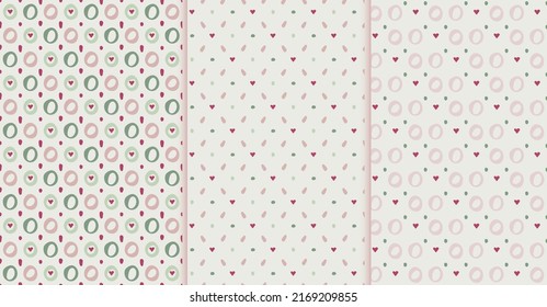 Baby seamless patterns, set of 3. Hand drawn doodle style circle, heart, dot shape. Diagonal, vertical geometrical grid. Pastel green pink tones palette. Yellow easy editable color background. Vector