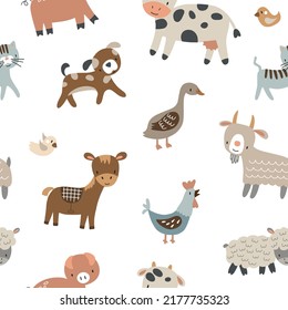 Baby seamless vector illustration with lamb, donkey, chicken, cow, goat, dog, cat, pig on white background. Pattern of farm animals for fabric, children's room decoration, wrapping paper.