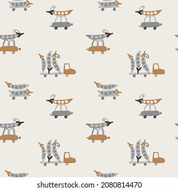 Baby seamless vector pattern. Cars with pea pods on milk background. Creative scandinavian kids texture for fabric, textile, wallpaper, apparel.  