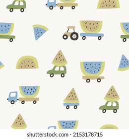 Patrón de vector sin costura para bebé. Autos con sandías sobre fondo de leche. Textura de niños escandinavos creativos para tela, textil, papel pintado, vestimenta.  