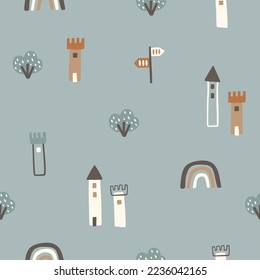 Baby seamless vector pattern. Castles on blue background. Turquoise, beige and gray.