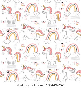 Baby seamless vector pattern. Cute unicorns on white background. Pink, yellow and gray.
