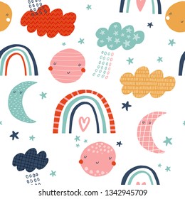 Baby seamless vector pattern. Cute rainbows, sun and moon on white background. Pink, yellow, turquoise and red.