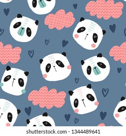 Baby seamless vector pattern. Cute pandas and clouds on blue background. Creative scandinavian kids texture for fabric, wrapping, textile, wallpaper, apparel. Vector illustration