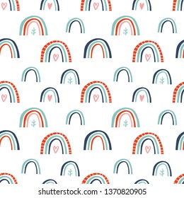 Baby seamless vector pattern. Cute rainbows on white background. Pink, yellow and gray.