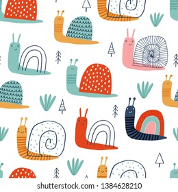 Baby seamless vector pattern. Cute snails on white background. Creative scandinavian kids texture for fabric, wrapping, textile, wallpaper, apparel. Vector illustration