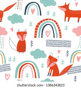 Baby seamless vector pattern. Cute fox and clouds on white background. Creative scandinavian kids texture for fabric, wrapping, textile, wallpaper, apparel. Vector illustration