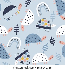 Baby seamless vector pattern. Cute  turtles on blue background. Creative scandinavian kids texture for fabric, wrapping, textile, wallpaper, apparel. Vector illustration in pastel colours.