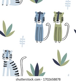 Baby seamless vector pattern. Cute green and blue tigers on white background. Creative scandinavian kids texture for fabric, textile, wallpaper, apparel. Vector illustration in pastel colours.