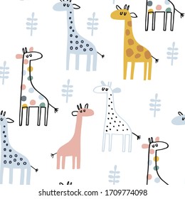 Baby seamless vector pattern. Cute giraffe on blue background. Creative scandinavian kids texture for fabric, textile, wallpaper, apparel. Vector illustration in pastel colours.