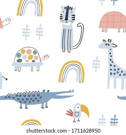 Baby seamless vector pattern. Cute giraffe,   on blue background. Creative scandinavian kids texture for fabric, textile, wallpaper, apparel. Vector illustration in pastel colours.