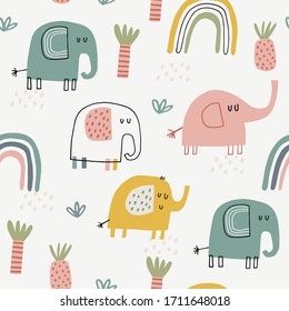 Baby seamless vector pattern. Cute rainbows and  elephants on beige background. Creative scandinavian kids texture for fabric, wrapping, textile, wallpaper, apparel. Vector illustration