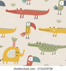 Baby seamless vector pattern. Cute african animalsin beige background. Creative scandinavian kids texture for fabric, textile, wallpaper, apparel. Vector illustration in pastel colours.