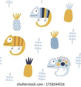 Baby seamless vector pattern. Cute chameleons on white background. Creative scandinavian kids texture for fabric, textile, wallpaper, apparel. Vector illustration in pastel colours.