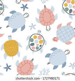 Baby seamless vector pattern. Cute turtles on white background. Creative scandinavian kids texture for fabric, wrapping, textile, wallpaper, apparel. Vector illustration.