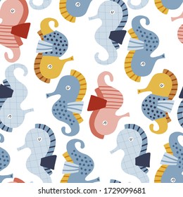 Baby seamless vector pattern. Cute seahorses on white background. Creative scandinavian kids texture for fabric, wrapping, textile, wallpaper, apparel. Vector illustration.