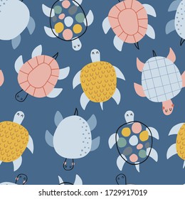 Baby seamless vector pattern. Cute turtles on blue background. Creative scandinavian kids texture for fabric, wrapping, textile, wallpaper, apparel. Vector illustration.