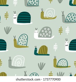 Baby seamless vector pattern. Cute snails on green background. Creative scandinavian kids texture for fabric, wrapping, textile, wallpaper, apparel. Vector illustration