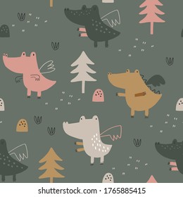 Baby seamless vector pattern. Cute dragons on white background. Creative scandinavian kids texture for fabric, textile, wallpaper, apparel. Vector illustration in pastel colours.