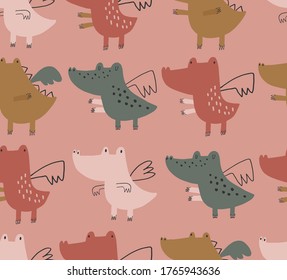 Baby seamless vector pattern. Cute dragons on pink background. Creative scandinavian kids texture for fabric, textile, wallpaper, apparel. Vector illustration in pastel colours.