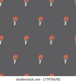 Baby seamless vector pattern. Cute  mushrooms on dark gray background. Creative scandinavian kids texture for fabric, textile, wallpaper, apparel. Vector illustration in pastel colours.