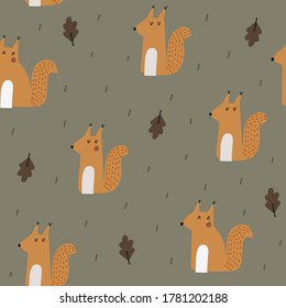 Baby seamless vector pattern. Cute squirrels and leaves. Creative scandinavian kids texture for fabric, textile, wallpaper, apparel. Vector illustration in pastel colours.
